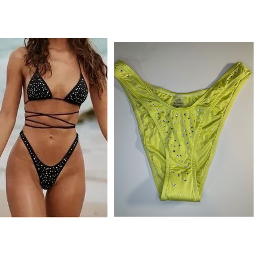 Monica Hansen Lime Green Rhinestone Brazilian Bikini Bottom Sparkle Swim NWT M